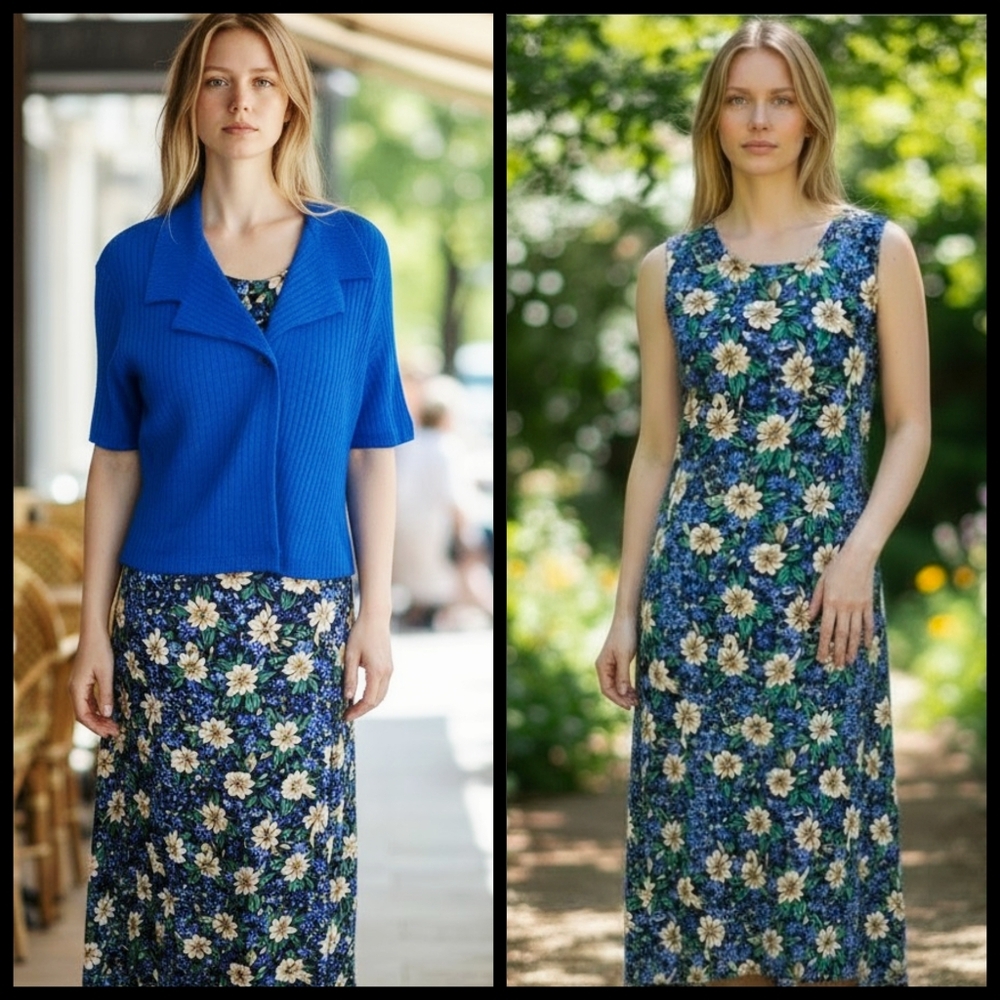 VTG Womens Maxi Dress Size‎ 8 Floral Sundress Blue Collared Cardigan 2 Piece 90s
